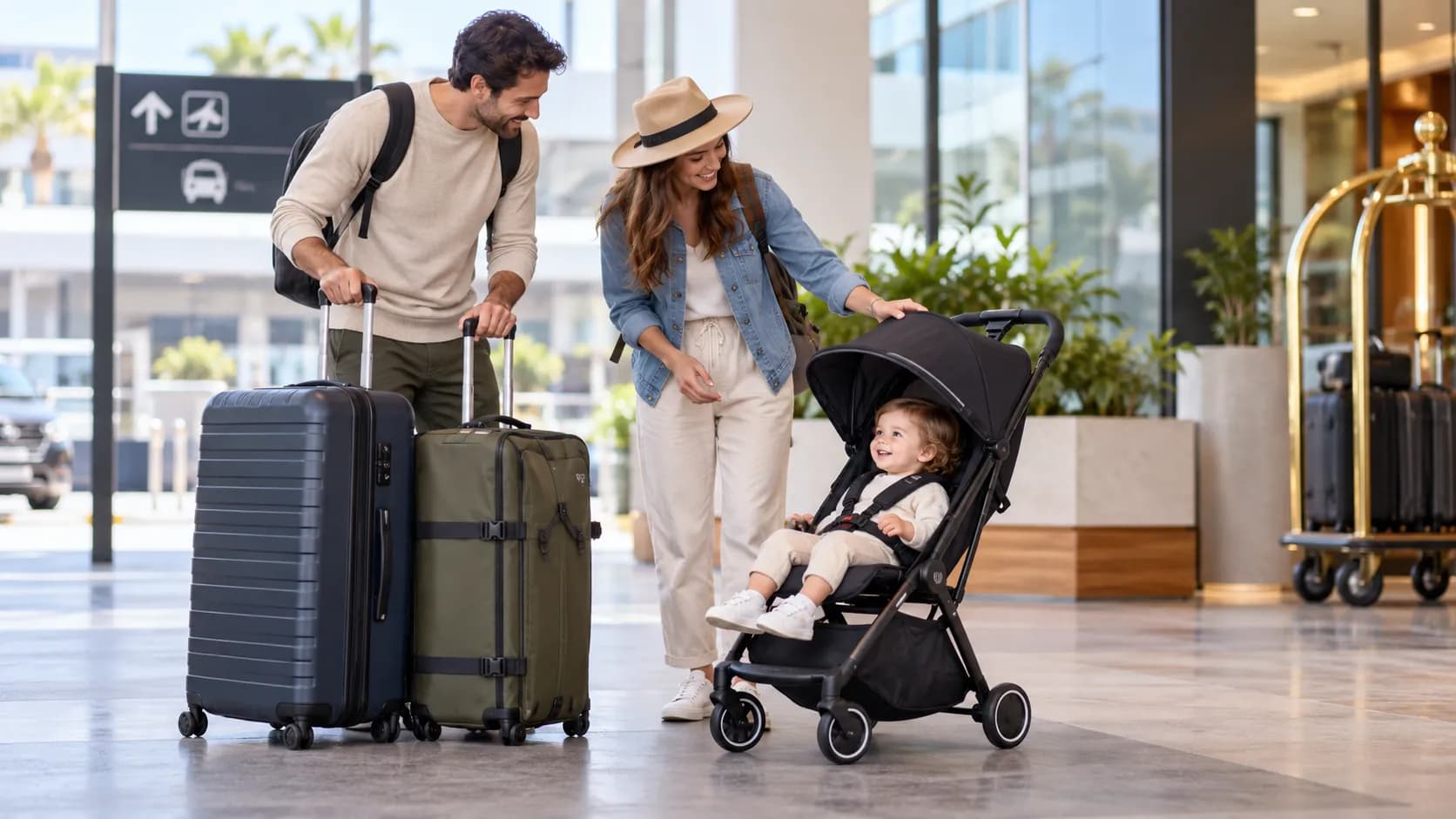 Parents travelling with luggage and a compact stroller while planning baby gear for their stay in Turkey.