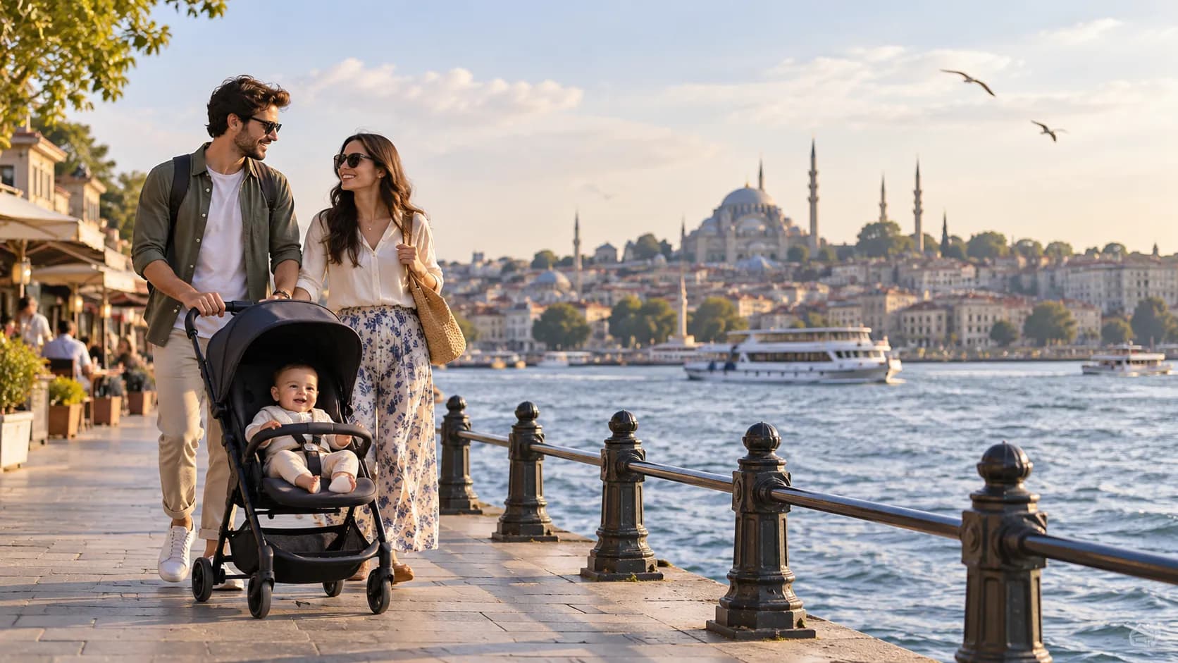 Parents walking with their baby in a compact stroller along the Bosphorus waterfront in Istanbul.