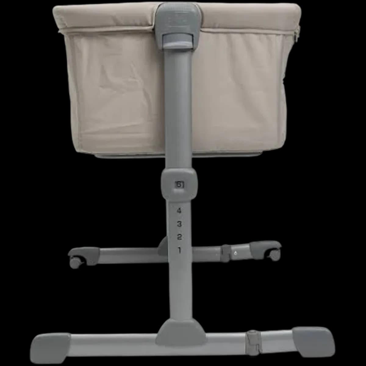 Chicco Next2Me Essential bedside crib from the end, showing its adjustable legs