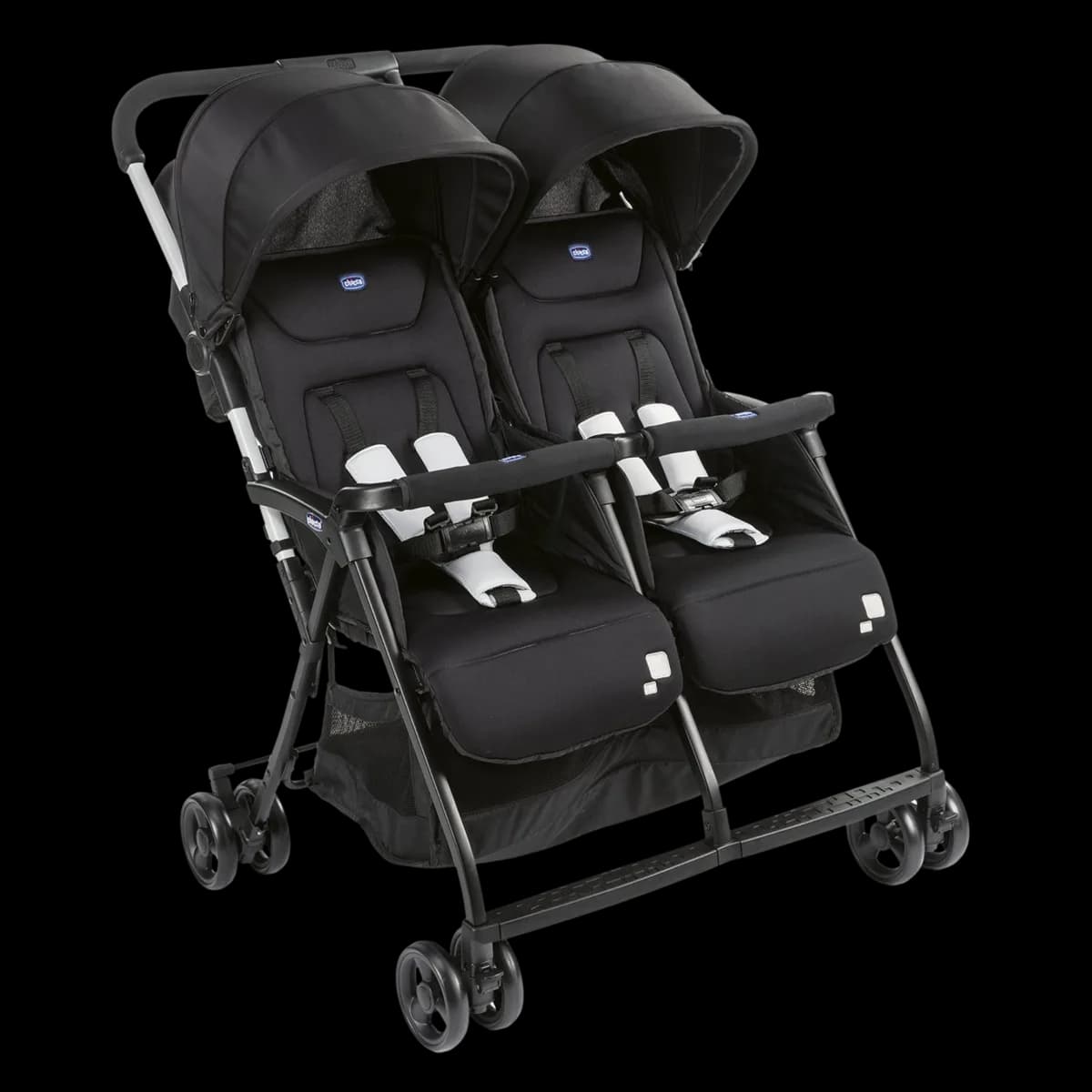 Chicco Ohlalà 2 Twin stroller in black, front three-quarter view