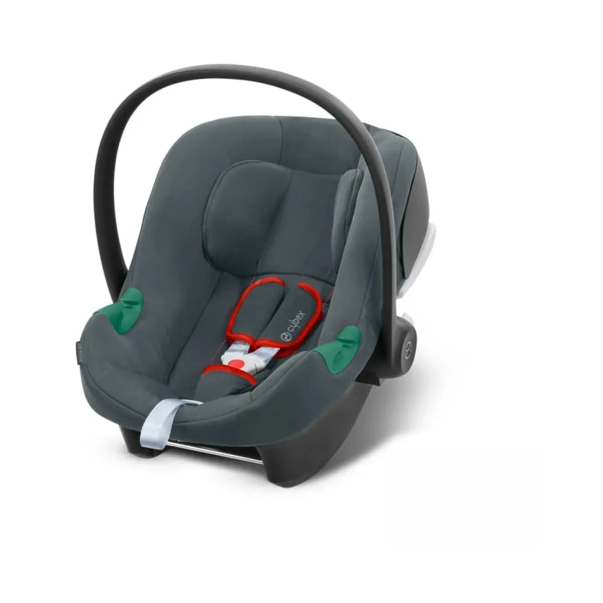 Cybex Aton B2 i-Size infant car seat in grey with its carry handle raised