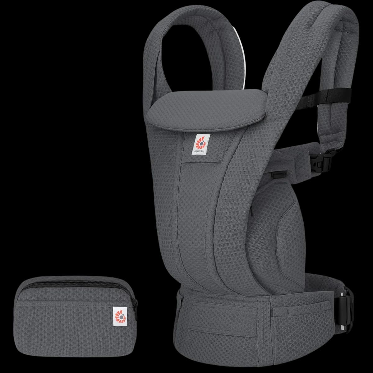Ergobaby Omni Breeze baby carrier in graphite grey with its storage pouch