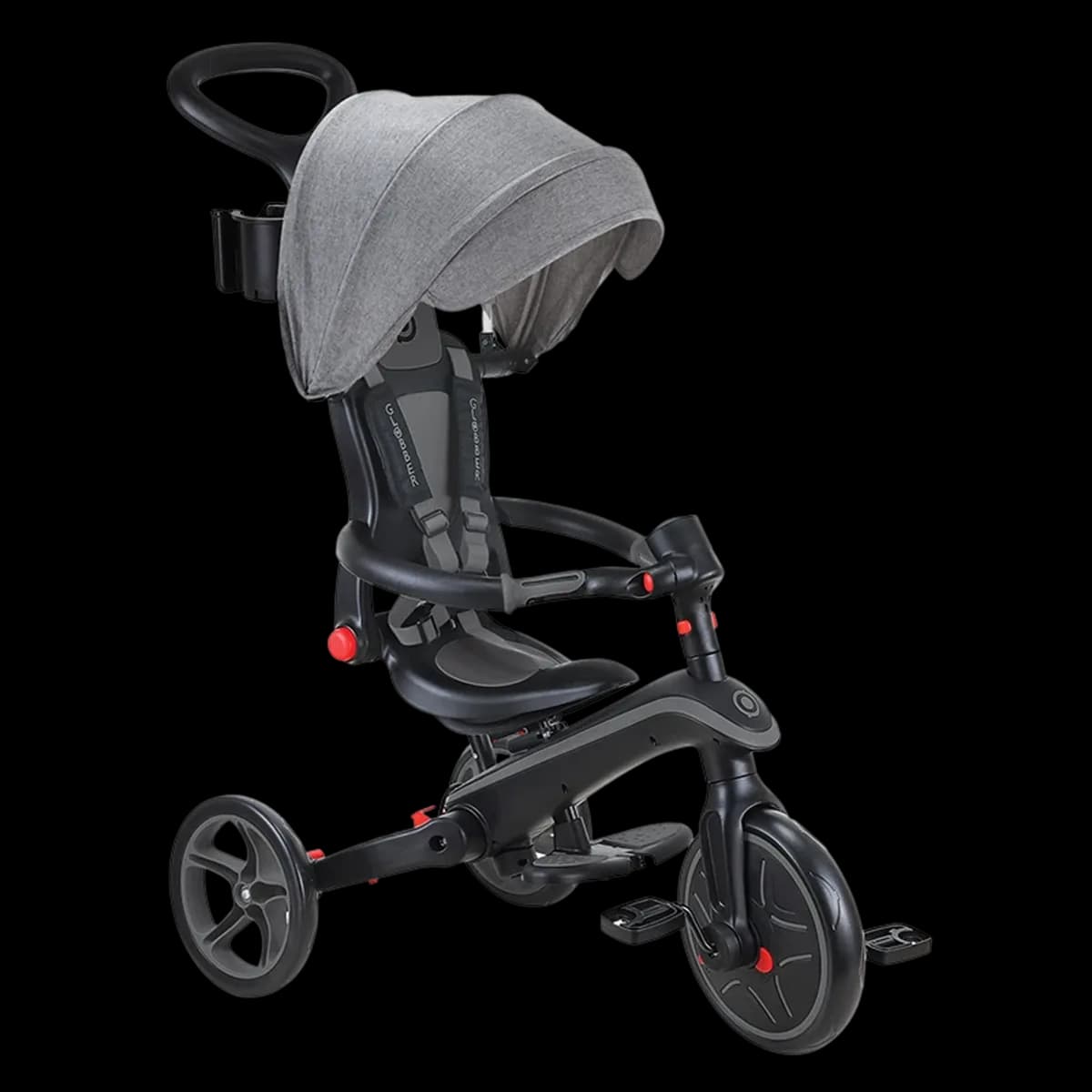 Globber Explorer 4-in-1 trike in grey and black with canopy and parent handle