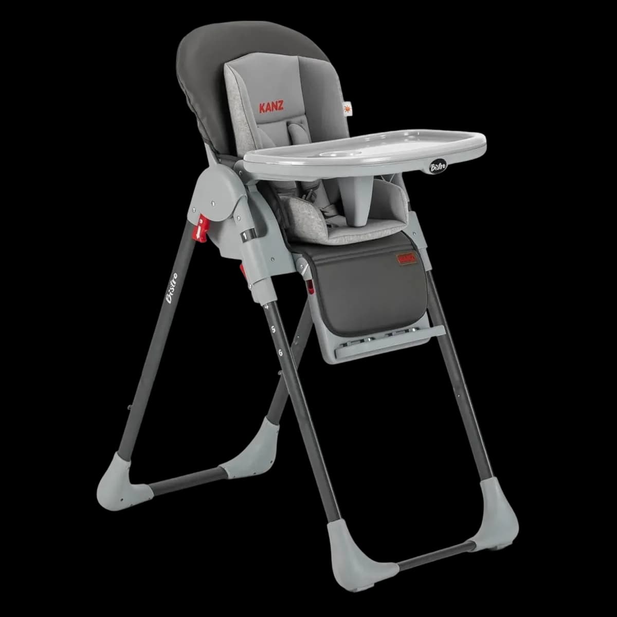 Kanz Bistro high chair in grey with its tray, three-quarter view
