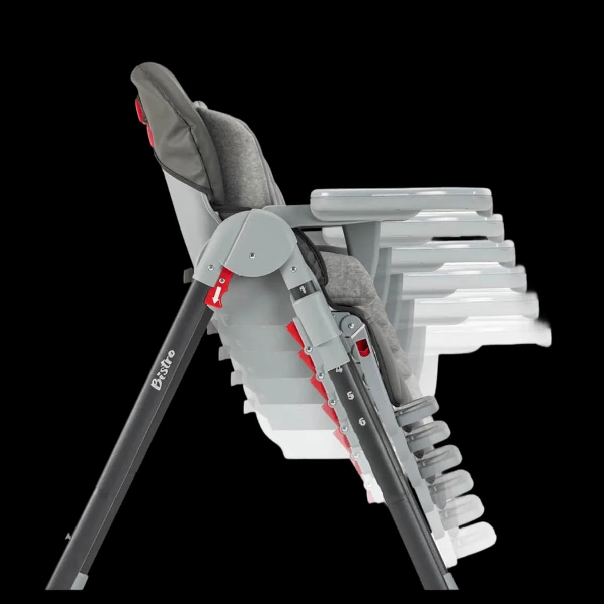 Kanz Bistro high chair showing its different height positions