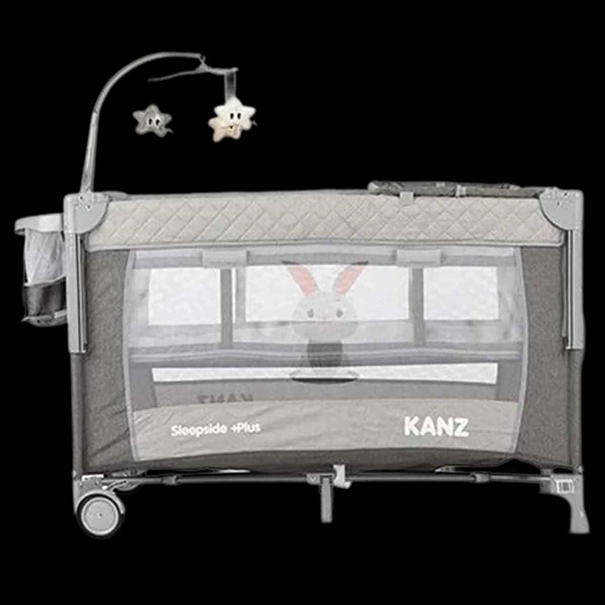 Kanz Sleepside Plus travel cot in grey with a toy mobile and side organiser