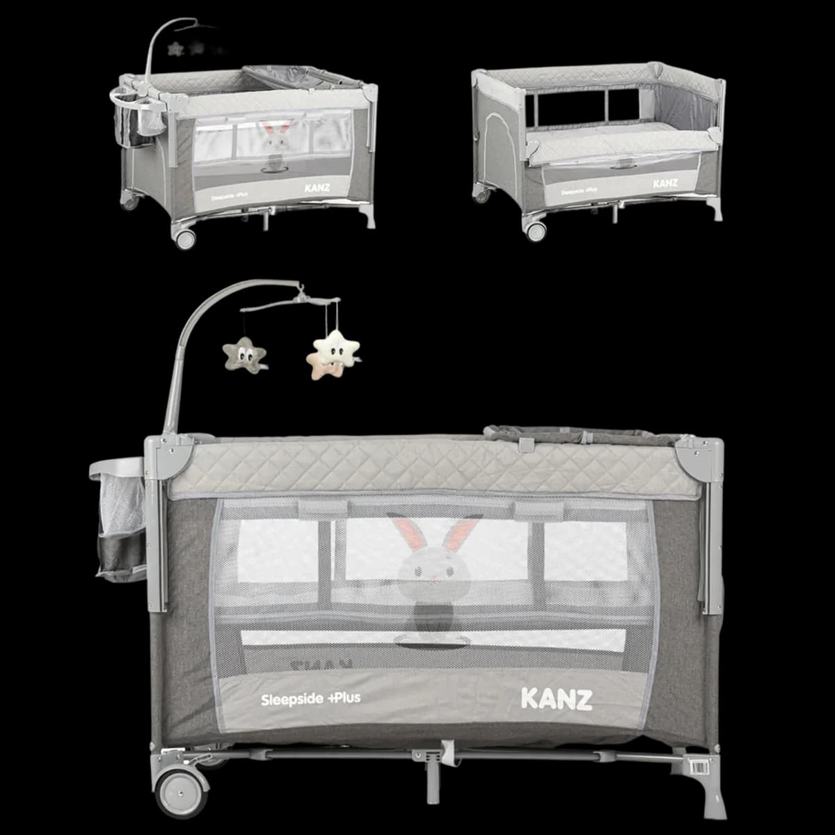 Kanz Sleepside Plus travel cot shown in different set-ups