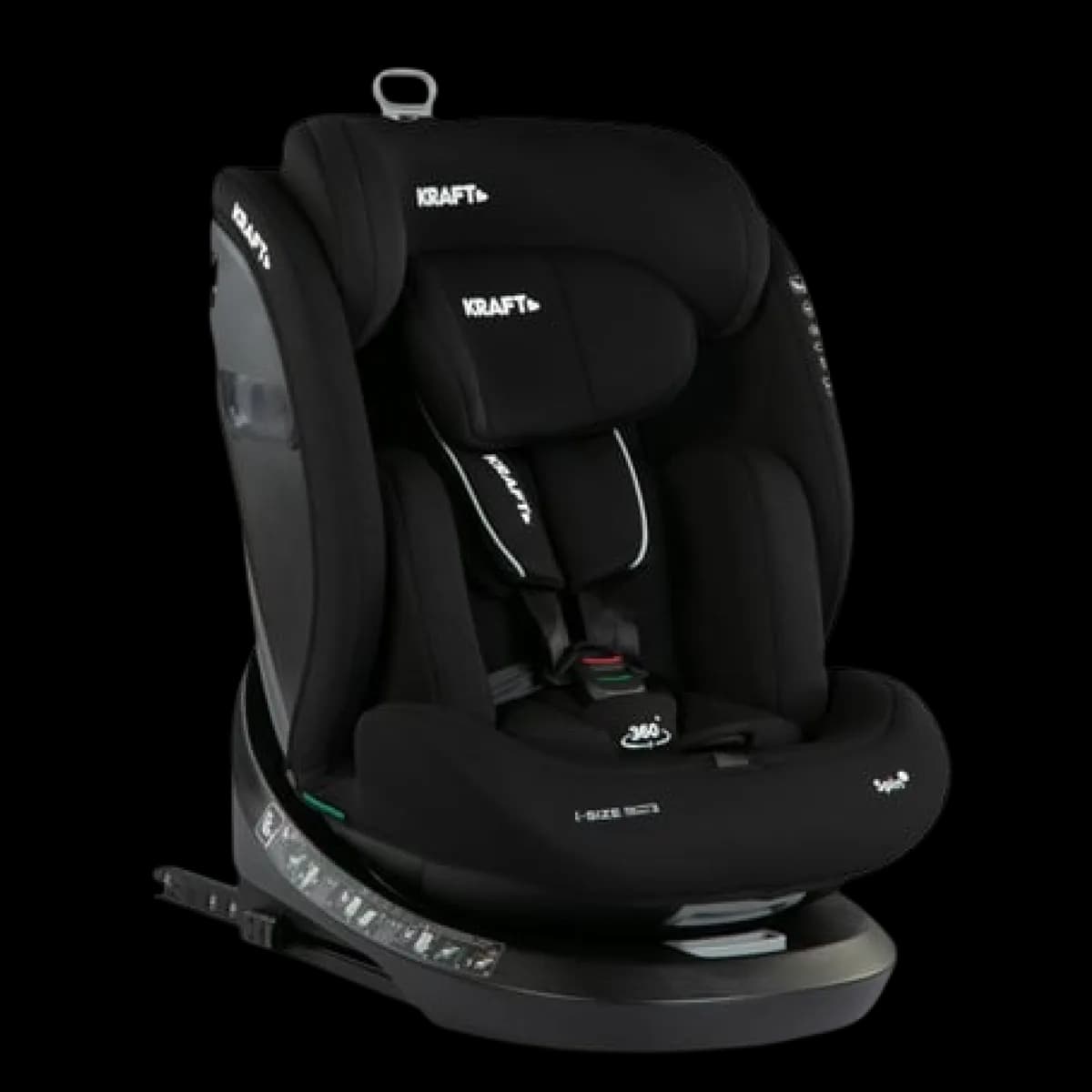 Kraft Safe Spin car seat in black, three-quarter front view