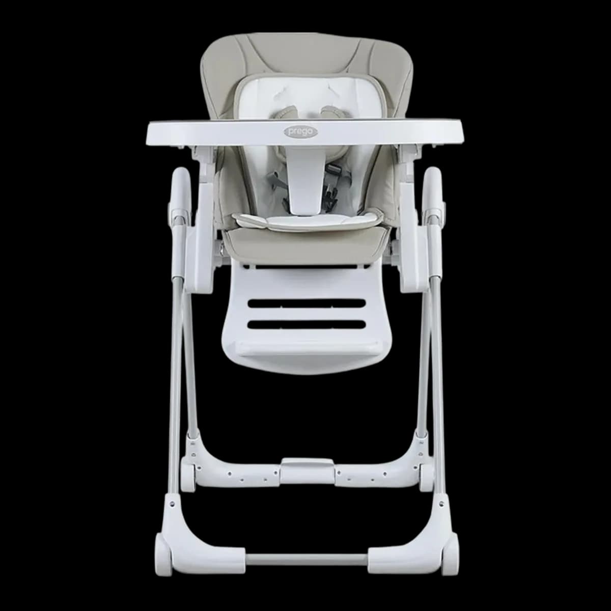 Prego Lucca high chair in beige and white with its tray, front view