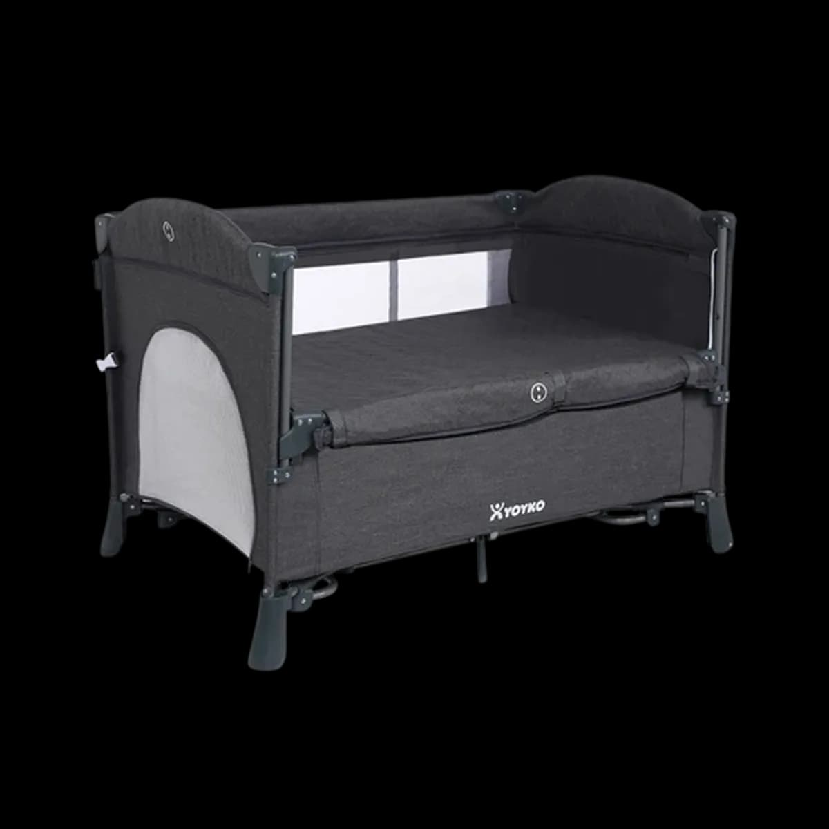Yoyko Exclusive Comfort 8-in-1 travel cot in dark grey, three-quarter view