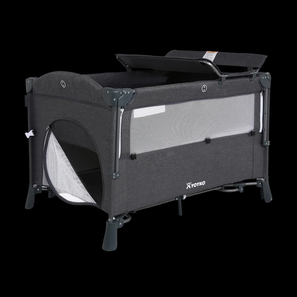 Yoyko Exclusive Comfort travel cot with the changing unit on top and side door open