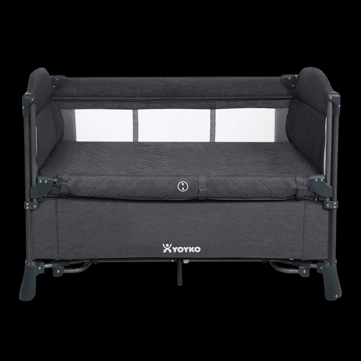 Yoyko Exclusive Comfort travel cot set up as a bedside cot with the front lowered