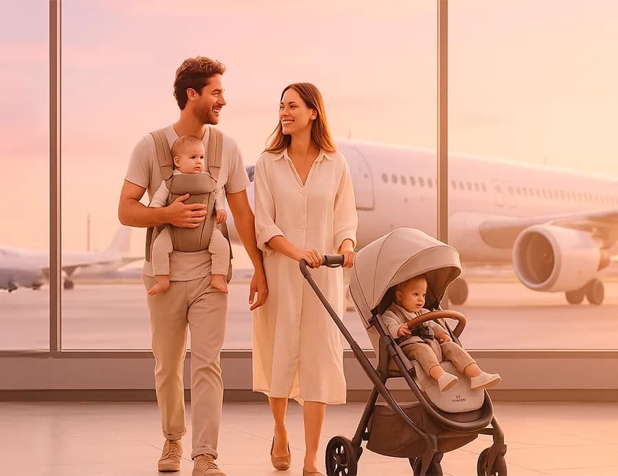 A smiling family walking with their baby in a carrier and a stroller